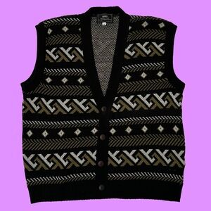 Vintage 80s 90s Sears Geometric Knit Sweater Vest Black White Moss Medium